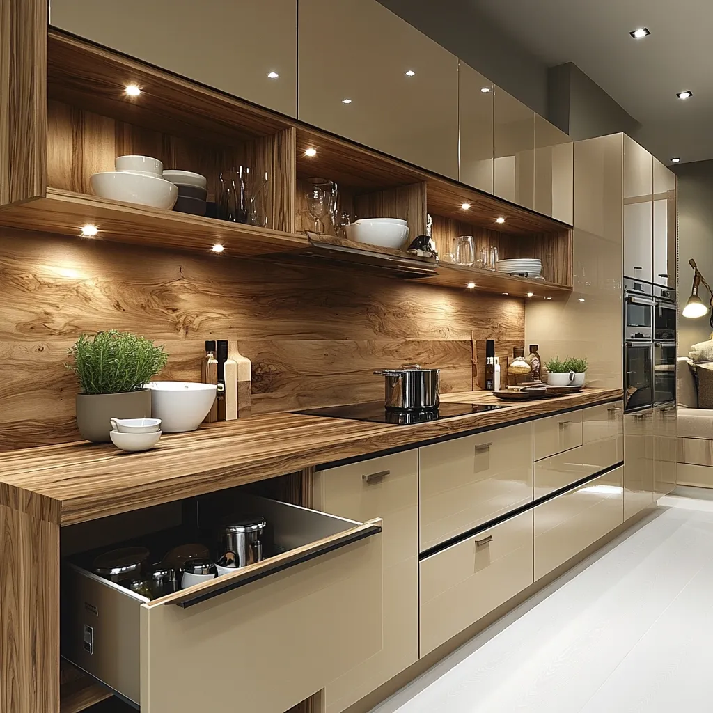 Here's a description of the image:

A modern kitchen boasts a sleek design with beige cabinets and a wood-paneled backsplash.  Under-cabinet lighting illuminates the wooden shelves holding dishware and glassware.  A light wood countertop extends the length of the cabinets, showcasing a built-in induction cooktop. A  drawer is partially open, revealing neatly organized kitchen utensils.  The overall aesthetic is one of minimalist luxury and sophisticated functionality.