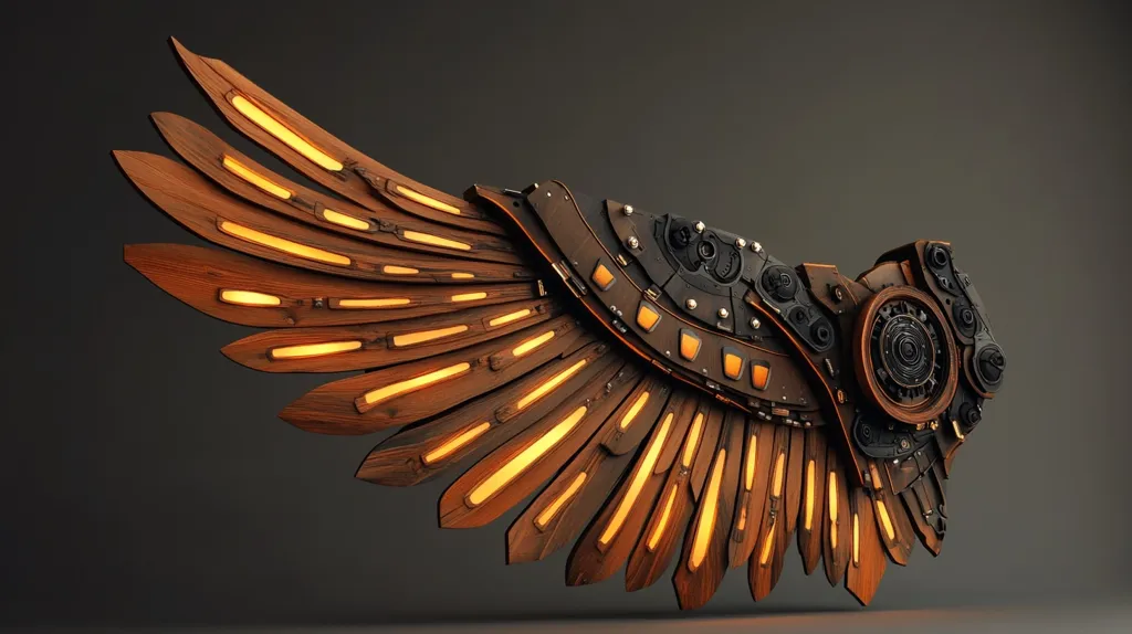 A striking image showcases a single, intricately designed wing, seemingly crafted from a blend of wood and metal.  The wing's feathers are represented by warm, illuminated wooden slats, contrasting sharply with the dark metallic gears and intricate mechanical components at its base.  The overall aesthetic is steampunk-inspired, with a blend of organic and industrial elements, creating a visually captivating piece. The lighting enhances the texture and detail, giving it a three-dimensional feel against the neutral gray backdrop.