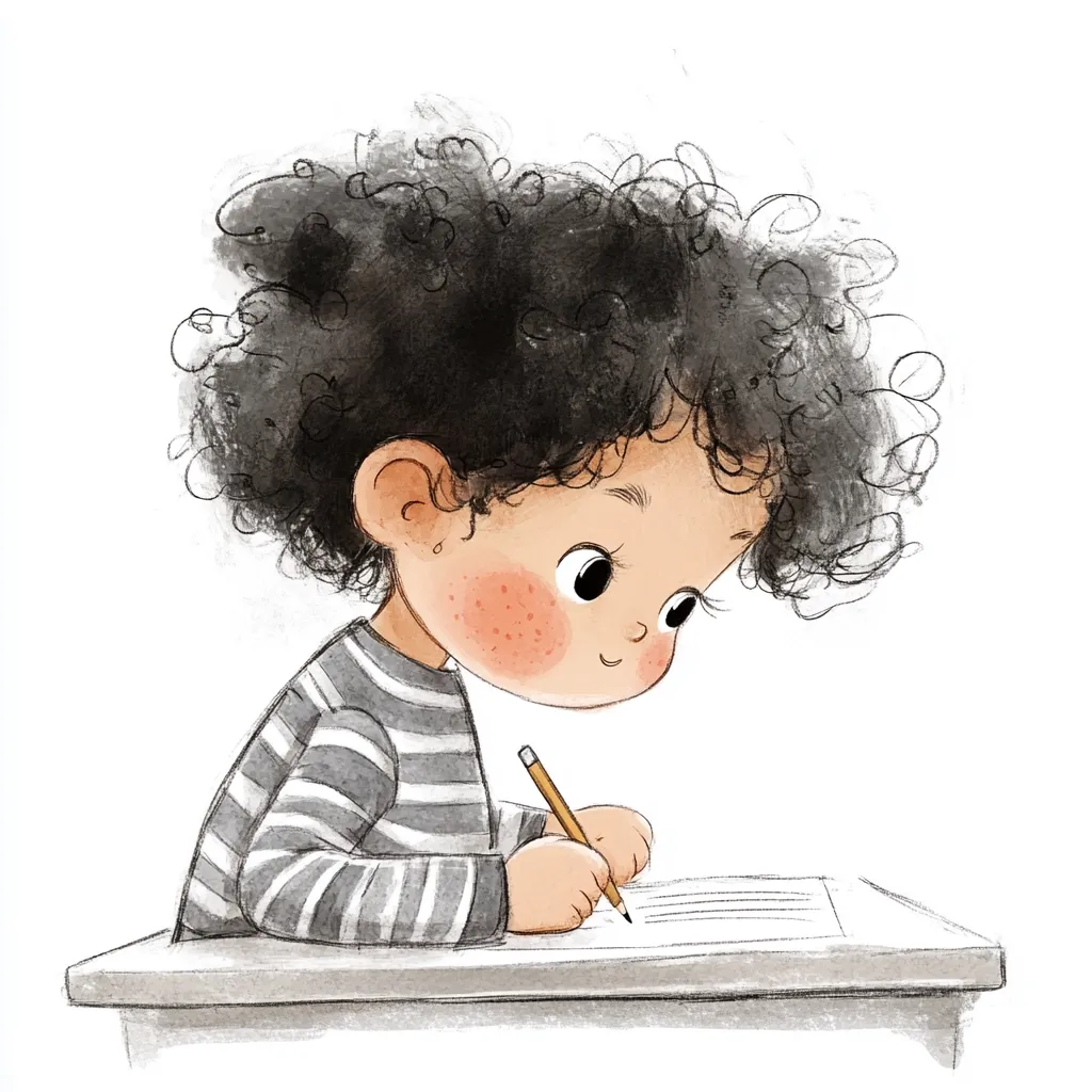 Here's a description of the image:

The illustration depicts a young child, likely a toddler or preschooler, with dark, curly hair, sitting at a small table.  The child, who has rosy cheeks, is intently focused on writing or drawing on a piece of paper with a pencil. They are wearing a grey and white striped long-sleeved shirt. The style is whimsical and childlike, with soft lines and a watercolor-like texture. The overall impression is one of quiet concentration and youthful creativity.