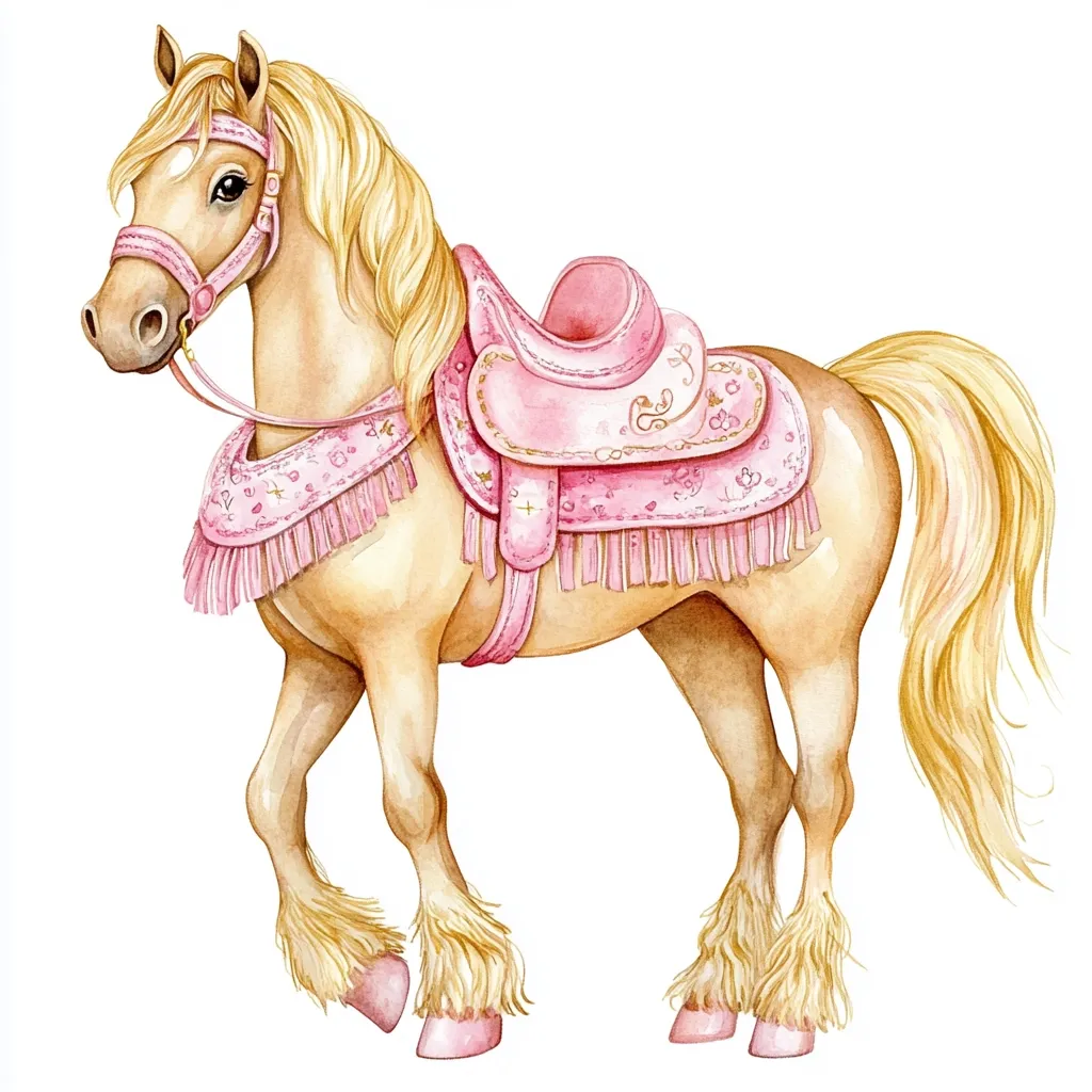 Here's a description of the image:

A watercolor painting depicts a light tan horse adorned with a pink saddle and bridle. The horse's mane and tail are a pale blonde, flowing gracefully.  The pink tack features delicate floral patterns and fringed edges, adding a touch of elegance. The horse is depicted in a standing pose, its legs subtly suggesting movement. The style is whimsical and charming, ideal for children's illustrations or decorative purposes.  The background is plain white, making the horse the clear focal point.