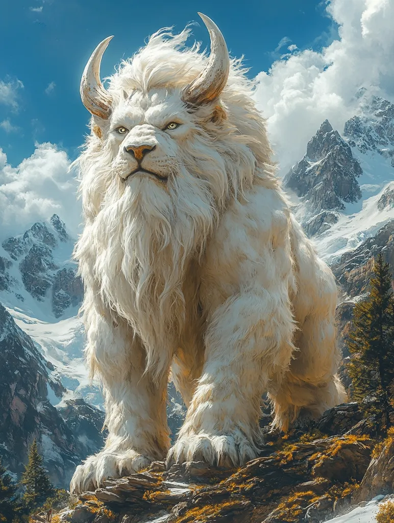 A majestic, snow-white lion with long, flowing fur and imposing horns stands proudly atop a rocky outcrop.  Its gaze is intense, and its massive paws rest firmly on the stones. The backdrop is a breathtaking, snow-capped mountain range under a bright, partly cloudy sky. The scene evokes a sense of mythical power and the untamed beauty of nature.  The lion appears both powerful and serene, a creature of legend.
