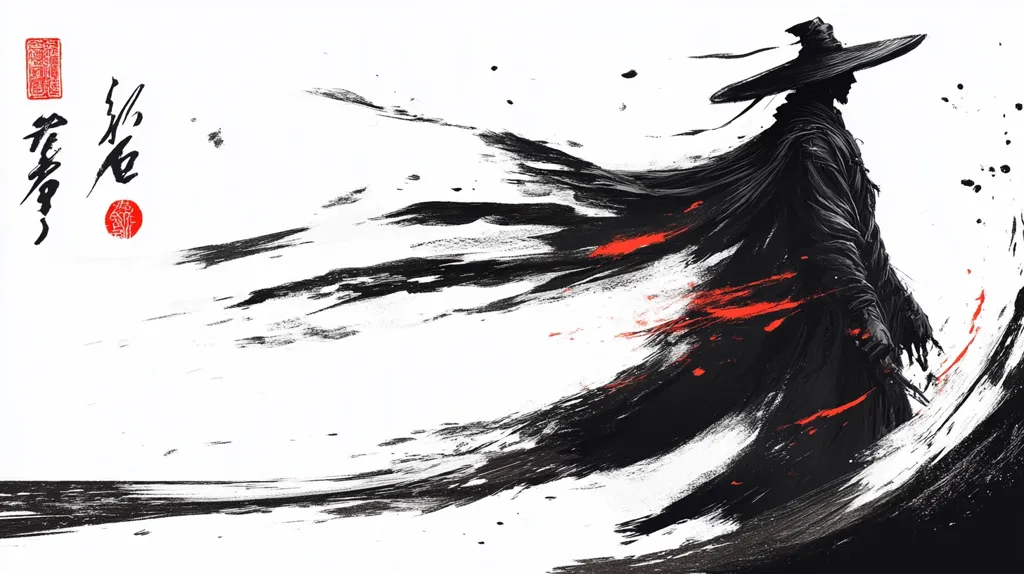 The artwork is a dramatic portrayal of a lone figure, possibly a samurai, rendered in a style reminiscent of sumi-e painting.  The figure, wearing a wide-brimmed hat and flowing black robes, is partially obscured by bold, expressive brushstrokes of black and crimson.  These strokes suggest movement and perhaps violence, swirling around the figure like wind or blood.  Chinese characters and a red seal are subtly placed in the upper left corner, adding to the artwork's Eastern aesthetic and mystique.  The overall effect is one of power, mystery, and a sense of swift, decisive action.