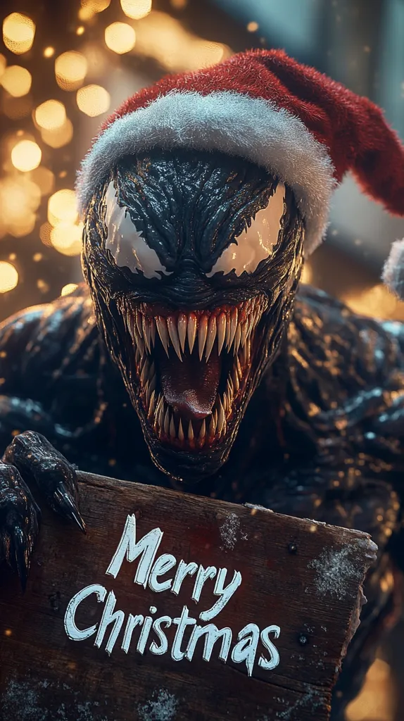 Here's a description of the image:

A digital rendering depicts Venom, the Marvel anti-hero, wearing a Santa hat.  His sharp teeth and menacing grin are prominent, contrasting with the festive headwear. He holds a rustic wooden sign that reads "Merry Christmas" in a stylized font. The background is blurred but shows warm, golden bokeh lights suggestive of a Christmas setting, with some snowfall. The overall mood is a darkly humorous juxtaposition of Venom's intimidating nature and the cheerful Christmas theme.
