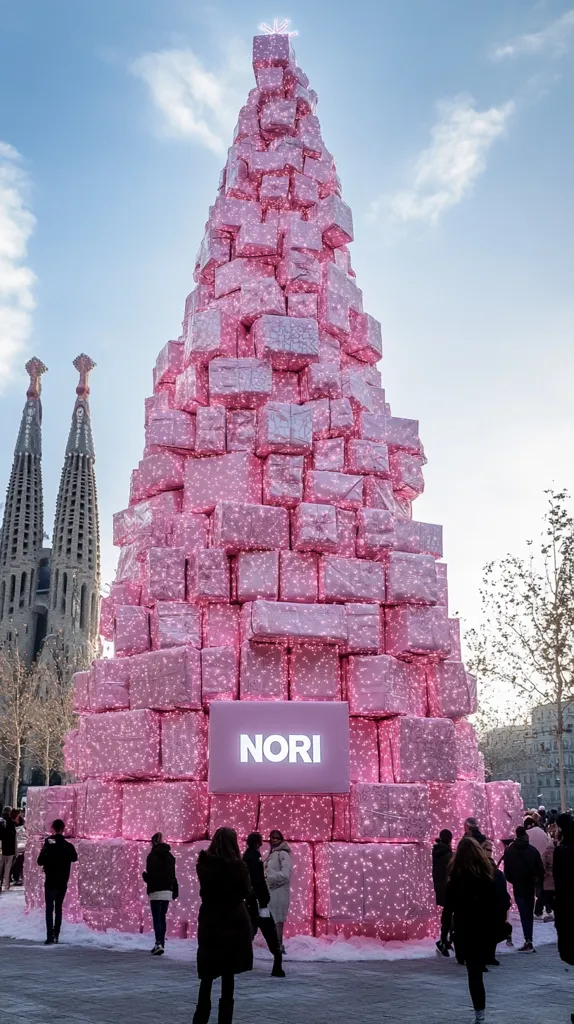 Here's a description of the image:

A large, uniquely shaped Christmas tree dominates the scene.  Constructed from numerous pink, gift-wrapped boxes, it's illuminated with tiny lights, giving it a sparkling effect. The tree stands prominently against a partly cloudy sky, with the Sagrada Família basilica partially visible in the background.  People stand at its base, creating a sense of scale.  A large rectangular sign bearing the word "NORI" is affixed near the tree's center.  The overall mood is festive, modern, and slightly surreal.  Bare trees and buildings hint at a winter setting.