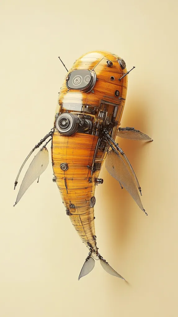 Here's a description of the image:

The image shows a meticulously detailed steampunk-style robotic fish. Its body is predominantly light orange-brown, seemingly constructed from layered wood or a similar material, with visible mechanical components and transparent sections revealing internal mechanisms.  The fins are delicate, translucent gray, contrasting with the textured body.  Small antennae-like protrusions extend from the head, and circular elements suggest cameras or sensors. The overall style is intricate and fantastical, suggesting a blend of organic and mechanical design.  The fish is presented against a pale yellow background.