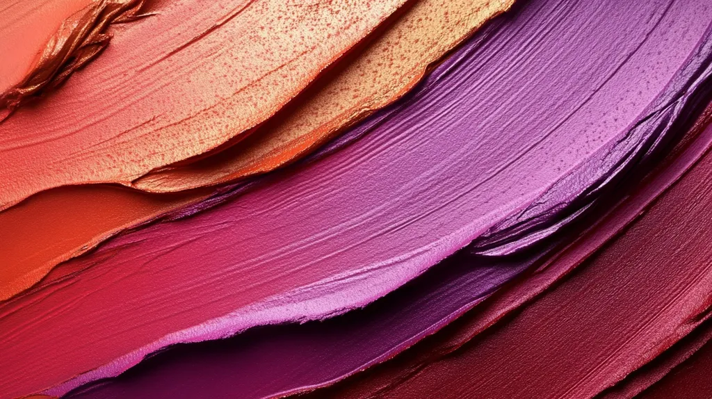 Here's a description of the image:

The image shows a close-up of several swipes of lipstick in varying shades of red and purple. The colors blend seamlessly, creating a gradient effect.  The texture is thick and creamy, with visible brushstrokes.  The top layer is a shimmering, bronze-toned orange-red, transitioning downward into rich crimson, then a deep magenta, and finally a dark, almost burgundy red. The overall effect is one of luxurious texture and vibrant color.
