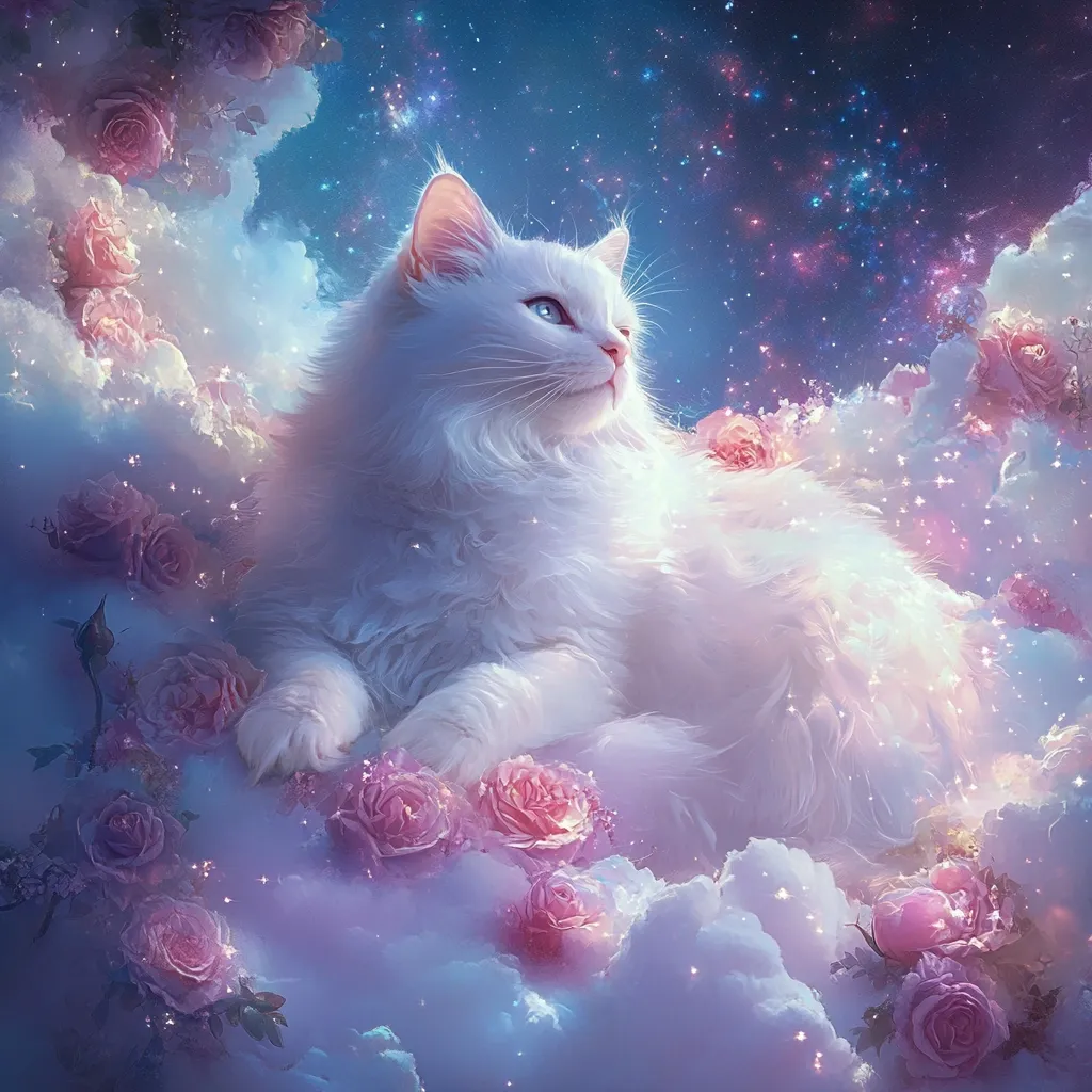 A majestic white longhaired cat, seemingly ethereal, rests amidst fluffy clouds and delicate pink roses.  The background is a dreamy, starlit night sky, creating a fantastical and peaceful scene.  The cat's fur appears soft and luminous, with subtle sparkles enhancing its otherworldly quality.  The overall impression is one of serene beauty and magical realism.