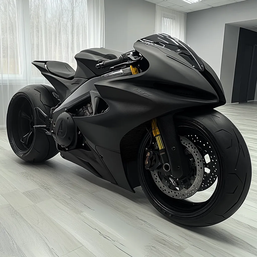 Here's a description of the image:

The photograph showcases a sleek, matte-black custom-built motorcycle, possibly a sportbike, positioned on a light gray wood-grain floor in a modern, brightly lit room. The bike's design is aggressively styled, with sharp lines and aerodynamic fairings. Its large, fat rear tire contrasts with the slimmer front tire.  Gold accents are subtly visible on the suspension components.  The overall aesthetic is one of high-performance and luxury, suggesting a powerful and exclusive machine. The background is blurred, drawing focus to the motorcycle itself.