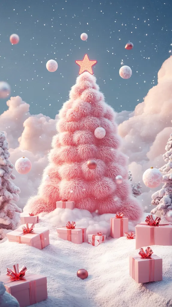 A whimsical Christmas scene features a fluffy, pink Christmas tree adorned with rose-gold ornaments and topped with a star.  Surrounding the tree are pastel pink presents nestled in a snowy landscape.  Floating rose-gold baubles and a light dusting of snow add to the dreamy, ethereal atmosphere. The sky is a soft blue, enhancing the overall pastel palette of the image.  The scene evokes a feeling of magical, gentle Christmas charm.
