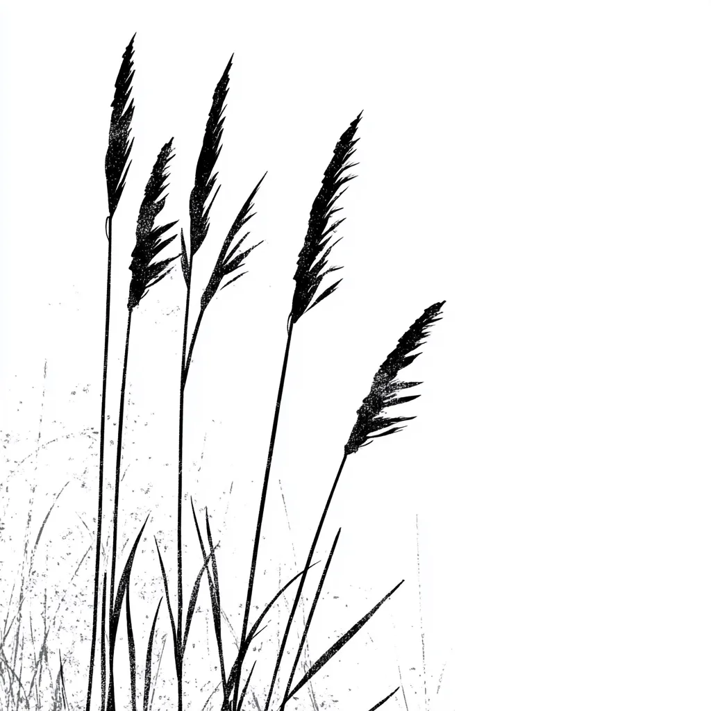 The image is a stylized black and white illustration of tall grasses against a white background. Five prominent blades of grass are silhouetted, their thin stalks rising from a base of shorter, textured grasses. The style suggests a print or woodcut, with a slightly rough, grainy texture throughout.  The overall feel is minimalist and evocative of nature, with a strong contrast between the dark grasses and the bright white space.  The composition is asymmetrical, leaving a significant amount of empty white space to the right.