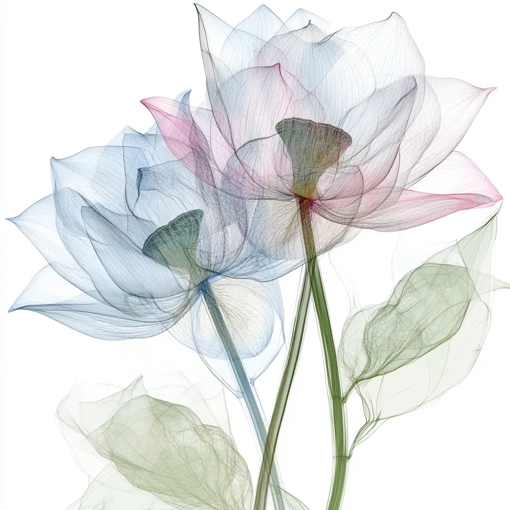 The image showcases two ethereal lotus flowers, rendered in a translucent style.  Delicate lines trace the petals, revealing a subtle blush of pink and blue hues against a white background.  The stems and leaves are similarly delicate and semi-transparent, creating an almost ghostly effect. The overall aesthetic is serene, elegant, and suggestive of both fragility and strength.  The style suggests a digital manipulation or x-ray effect, emphasizing the delicate structure of the blossoms.