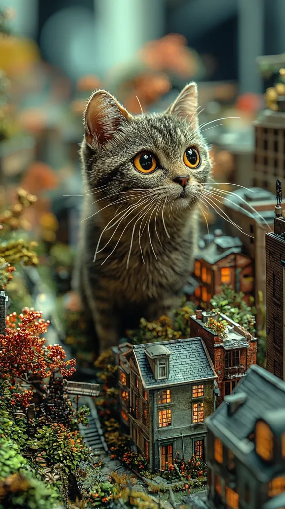 Here's a description of the image:

A gray tabby cat with striking, large amber eyes is the focal point of the image. It's positioned in a miniature cityscape, appearing comically large compared to the meticulously detailed, tiny buildings.  The scene is lush, with miniature trees and landscaping creating a vibrant, autumnal feel.  Warm light glows from the windows of the miniature houses, adding to the charming ambiance. The cat gazes upward, its whiskers prominent, creating a whimsical and enchanting contrast between the colossal feline and its diminutive surroundings.