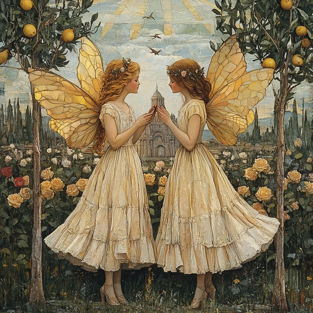 Two ethereal, blonde-haired fairy girls, adorned in pale yellow, tiered dresses and large, delicate butterfly wings, stand facing each other in a sunlit garden.  They gently hold hands, a building resembling a temple visible in the background.  The garden is filled with yellow roses and lemon trees, creating a serene, magical atmosphere.  Birds fly in a clear sky above, suggesting a peaceful and idyllic scene. The painting's style is highly detailed and reminiscent of Pre-Raphaelite art.