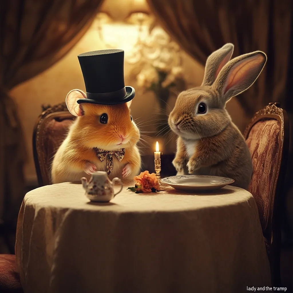 A charming image depicts a hamster in a top hat and bow tie, seated across from a rabbit at a delicately set table.  A small candle flickers between them, casting a warm glow on the scene.  The setting is elegant and dimly lit, with plush furniture adding to the refined ambiance.  The animals appear poised and sophisticated, creating a whimsical, almost romantic, atmosphere. The overall style is reminiscent of a children's book illustration or a fairytale scene.