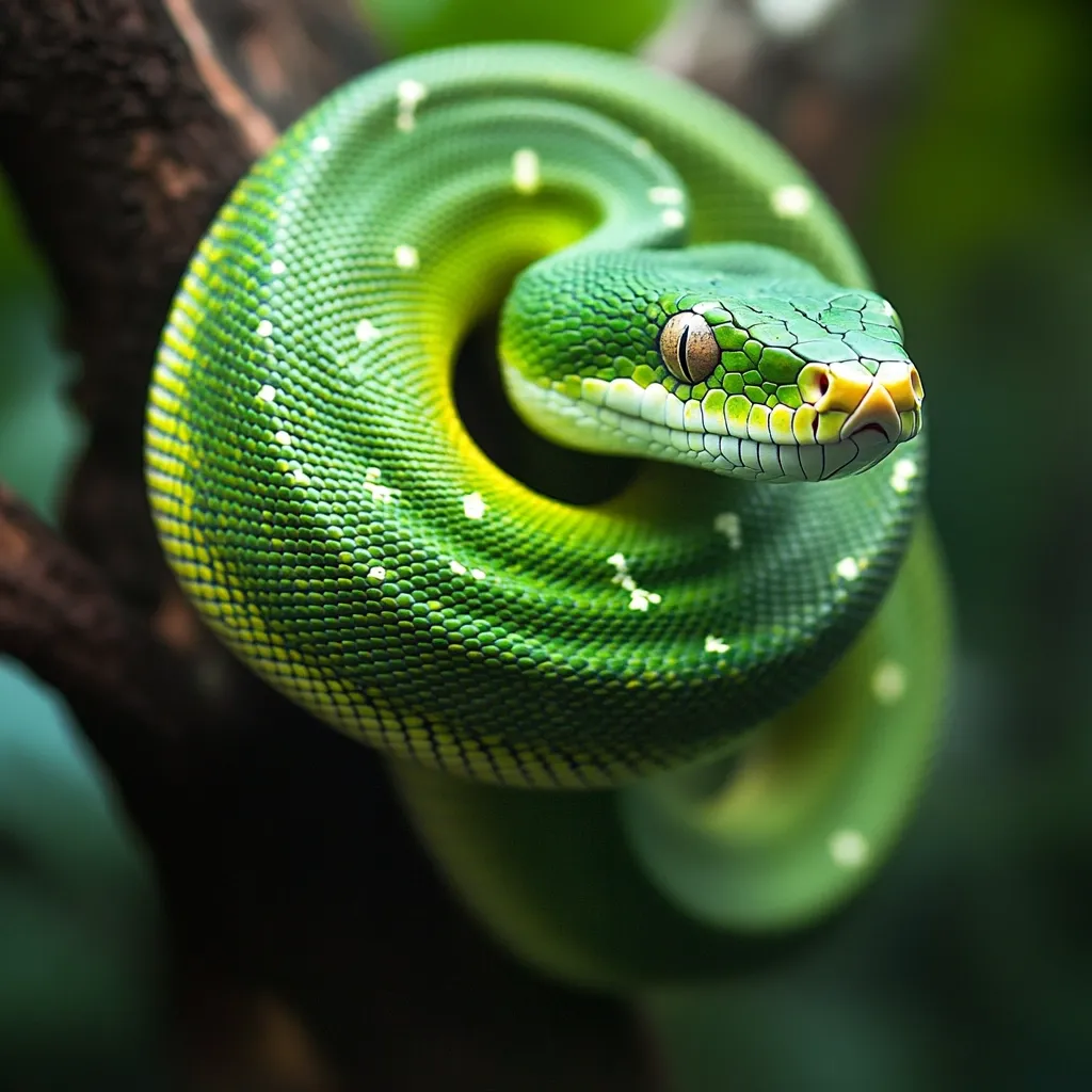 A vibrant green tree python is coiled around a dark brown branch, its scales gleaming in the light.  The snake's head is slightly raised, its eyes visible and focused.  The background is blurred, suggesting a lush, tropical environment. The image is sharply focused on the snake, highlighting its detailed, textured skin and intense color. The overall impression is one of striking beauty and natural power.