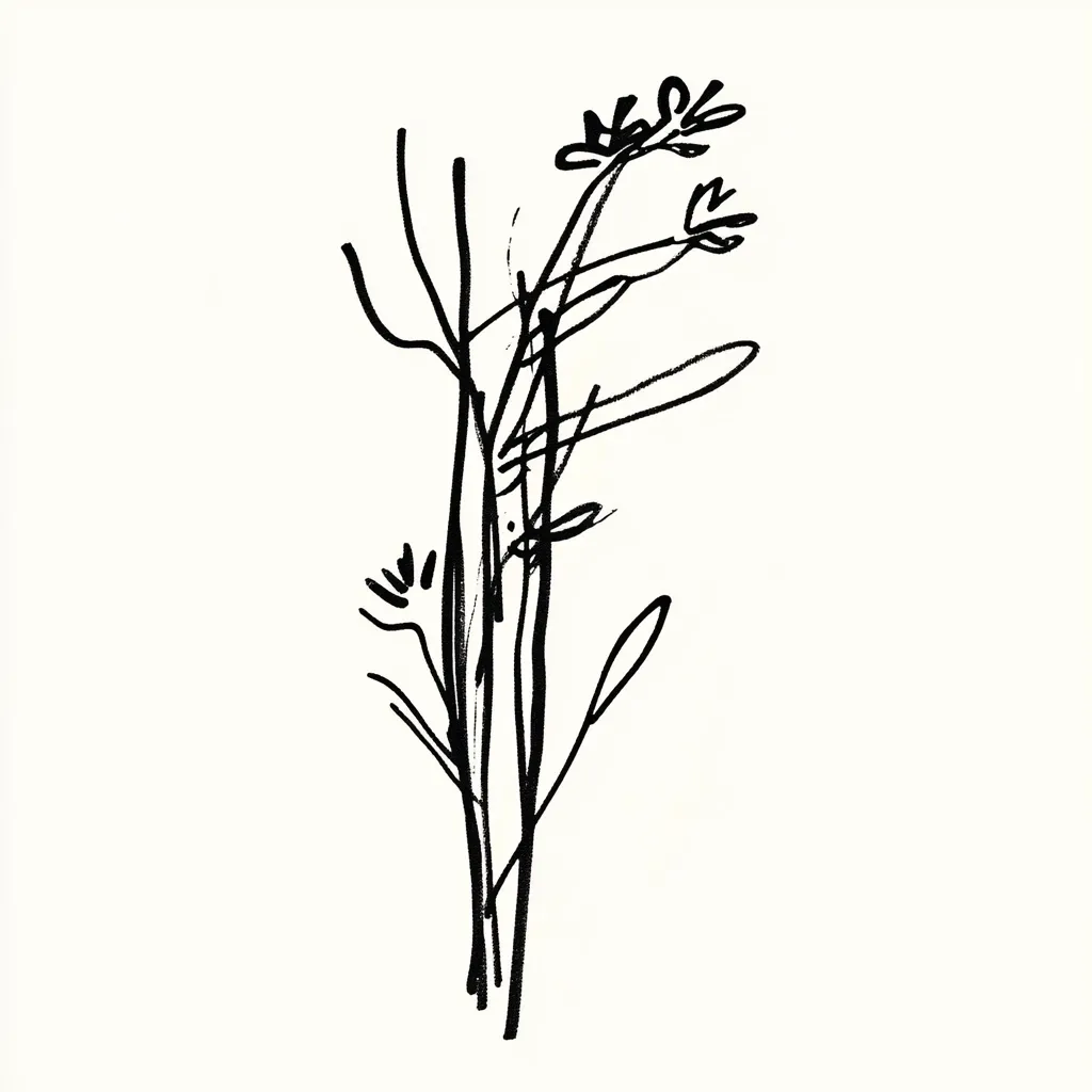 The image is a minimalist black ink drawing of stylized wildflowers.  Several tall, slender stems rise vertically, some branching slightly.  Small, abstract flower shapes are sparsely placed at the top and along the stems. The lines are expressive and slightly erratic, giving a sense of movement and fluidity. The overall effect is delicate yet bold, suggesting a natural, slightly wild bouquet.  The stark contrast against the white background emphasizes the line work.