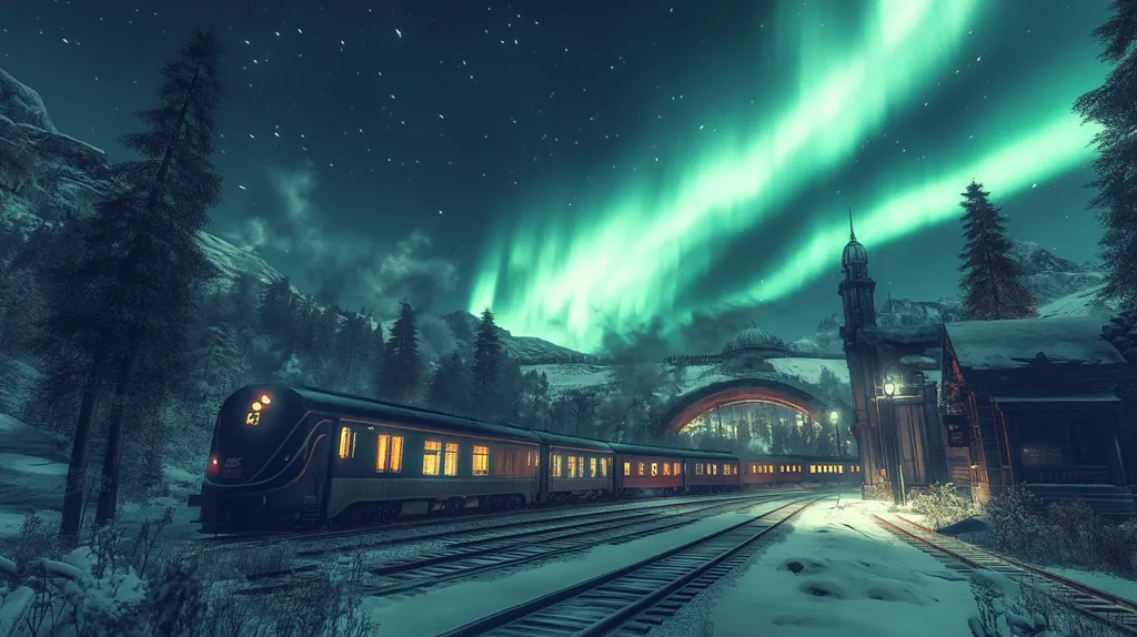 A passenger train, illuminated from within, sits at a snow-covered station nestled in a mountainous, wintry landscape.  Towering evergreens flank the tracks, and a quaint, rustic building serves as the station house.  Above, a vibrant, ethereal aurora borealis paints the night sky with strokes of luminous green, creating a magical and serene atmosphere.  The scene evokes a sense of quiet wonder and remote beauty.