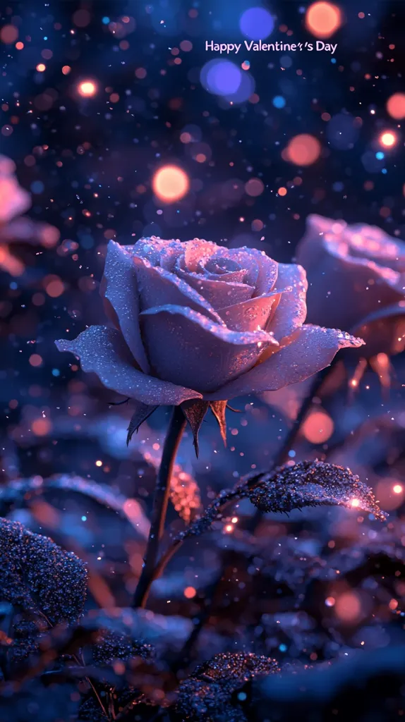 Here's a description of the image:

A captivating close-up showcases a dew-kissed, pale purple rose in the foreground, its petals glistening under an ethereal, night-time glow.  The background is a dreamy blur of deep blues and purples, punctuated by warm-toned bokeh lights, resembling stars or fairy lights.  Another rose is partially visible behind the main subject. The overall mood is romantic and magical, enhanced by the "Happy Valentine's Day" text subtly placed at the top.  Tiny sparkles appear to be falling like snow or glitter, adding to the whimsical atmosphere.