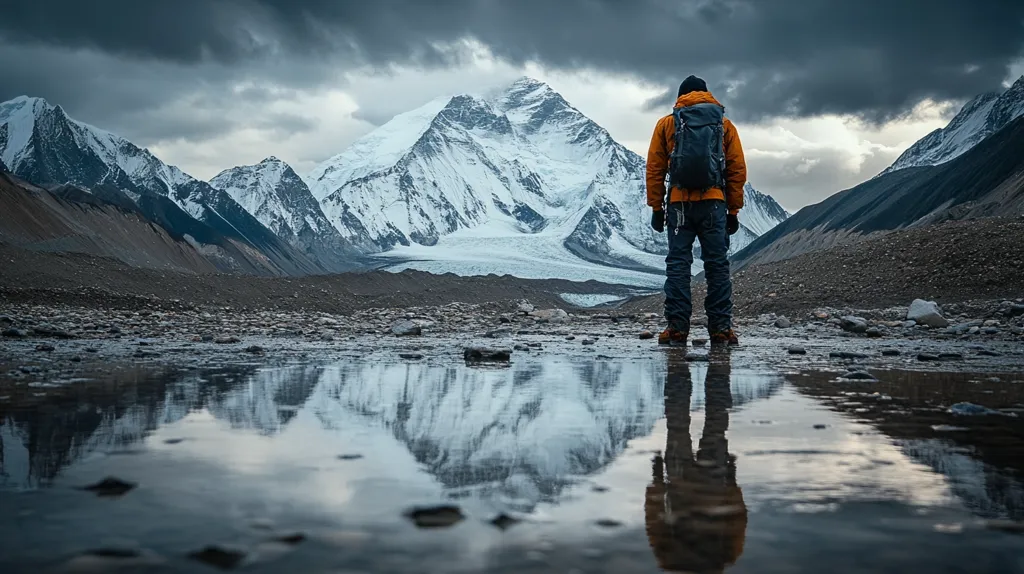 A lone hiker stands before a majestic, snow-capped mountain range, their reflection mirrored in a calm, shallow pool of water. The sky is overcast, adding a dramatic, moody atmosphere to the scene.  The hiker, equipped with a backpack, appears small against the vastness of the towering peaks, emphasizing the scale of the natural landscape. The image evokes a sense of solitude, adventure, and the awe-inspiring power of nature.