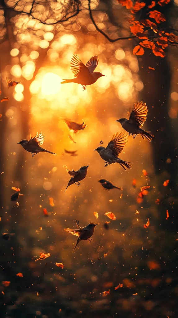 Silhouetted birds in flight fill a warm, golden-hued scene.  The setting sun illuminates the birds against a backdrop of autumnal leaves falling in a forest.  The image evokes a sense of peace and tranquility, with the birds seemingly suspended in a magical moment amidst a shower of glowing particles and bokeh. The overall effect is ethereal and captivating.