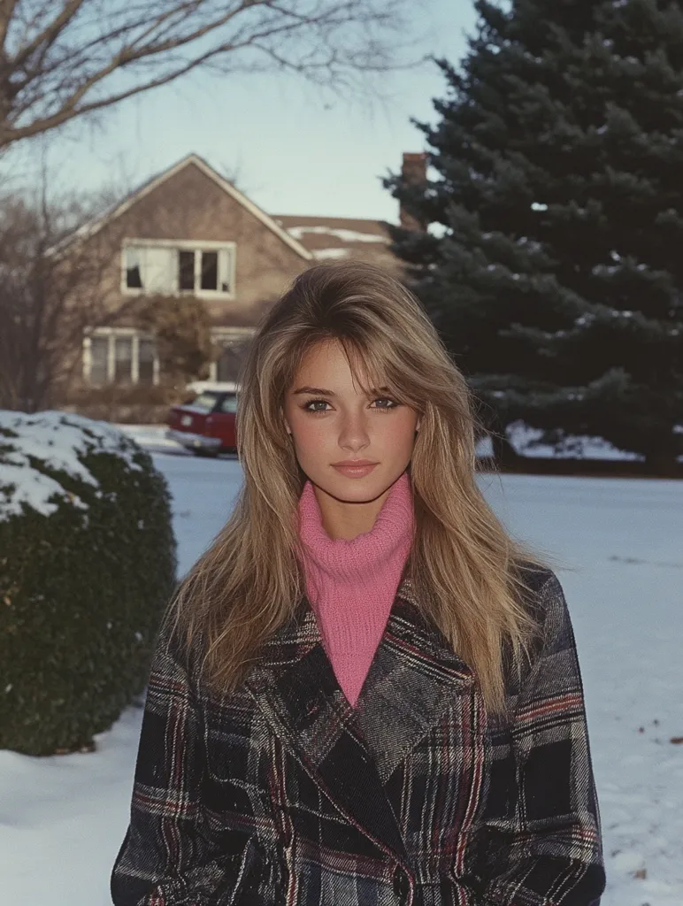 Here's a description of the image:

A young woman with long, layered blonde hair stands in a snowy landscape, her gaze directed at the viewer. She wears a dark gray plaid coat over a light pink turtleneck sweater. The backdrop features a snow-covered suburban house and evergreen trees. The overall aesthetic suggests a late 80s or early 90s style, capturing a moment of quiet poise against a winter scene. The photo appears to be a portrait, professionally taken or at least high quality, with a slightly grainy quality reminiscent of older film photography.
