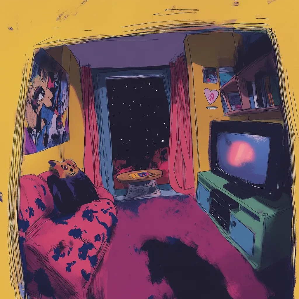 Here's a description of the image:

The illustration depicts a cozy, nighttime living room scene.  A vibrant pink sofa, adorned with dark splotches, sits near a window showing a starlit night sky.  A small table with objects sits beneath the window.  A vintage television, displaying a blurry, reddish image, is positioned on a teal entertainment center against a yellow wall.  Bookshelves hold various items and a piece of wall art is visible. The overall style is loose and expressive, utilizing bold colors and a slightly rough texture, suggesting a sketched or painted feel. The room possesses a nostalgic, possibly late-night, atmosphere.