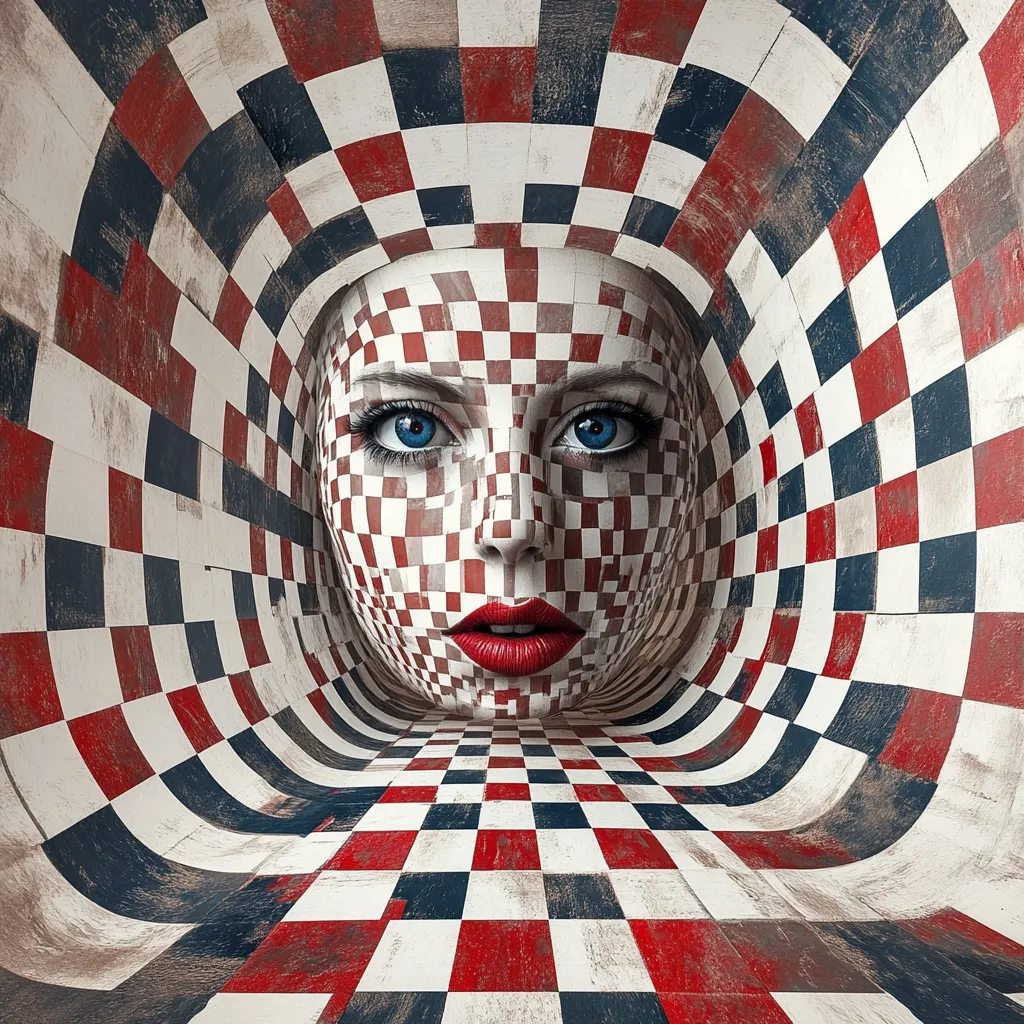 The image is a surreal digital artwork depicting a woman's face. Her face is a mosaic of red, white, and blue checkered squares, blending seamlessly with the surrounding environment. This environment is a swirling, tunnel-like space, also composed of the same checkered pattern, creating a mesmerizing optical illusion. The overall effect is a striking blend of geometric design and realistic portraiture, resulting in a captivating and somewhat unsettling visual experience. The woman's intense blue eyes draw the viewer in, adding a layer of human emotion to the abstract backdrop.