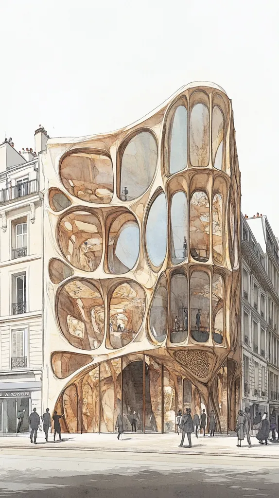 An architectural rendering depicts a modern building nestled between classic Parisian structures.  The new building is characterized by its organic, cave-like facade, featuring numerous irregular, rounded windows of varying sizes.  The warm, beige tones of the structure contrast with the cooler tones of the adjacent buildings.  Pedestrians stroll on the street in front, adding a sense of scale and context to the striking design. The style is a blend of watercolor and sketch, giving a soft, almost dreamlike quality to the image.
