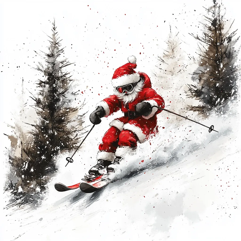 Here's a description of the image:

The watercolor painting depicts a vibrant Santa Claus skiing down a snowy slope.  He's dressed in his traditional red suit, complete with a hat and goggles, and expertly maneuvers his skis, kicking up a spray of snow. The background features a wintery landscape of snow-covered evergreen trees, suggesting a crisp, cold setting. The style is loose and expressive, with visible brushstrokes and a focus on capturing movement and the snowy atmosphere. The overall effect is playful and festive, perfectly capturing the spirit of a winter wonderland.
