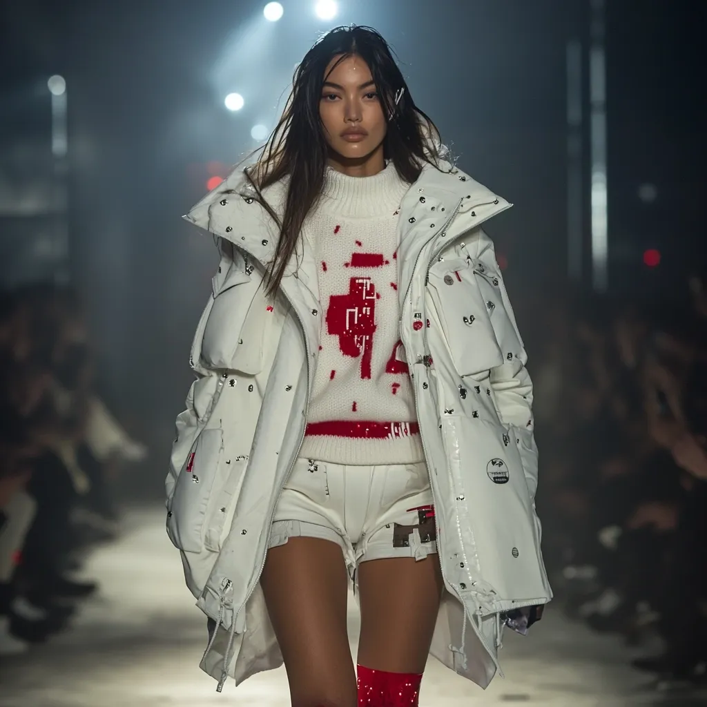 A fashion model with long dark hair walks a runway, showcasing a white, oversized puffer jacket adorned with silver studs.  Underneath, she wears a white knit sweater with a red graphic design and matching white shorts.  The overall look is sleek and modern with a touch of edgy detail. The background is blurred, focusing attention on the model and her outfit. The lighting is dramatic, typical of a fashion show setting.