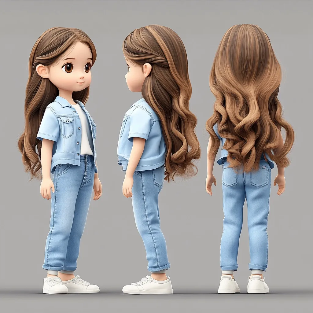 Here's a description of the image:

The image shows a 3D rendering of a cute, cartoon girl from three different angles.  She has long, wavy brown hair with lighter highlights and is dressed in a light blue denim jacket and jeans, paired with a white t-shirt and white sneakers.  The rendering showcases her from the front, side, and back, highlighting her hairstyle and outfit details. The style is reminiscent of a stylized doll or animation character, with large expressive eyes. The background is a simple, neutral gray.