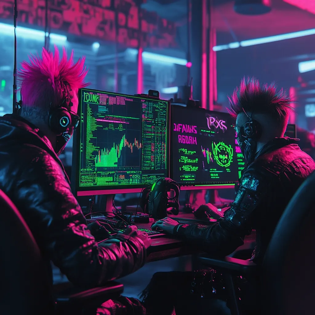 Here's a description of the image:

The image depicts two individuals, likely hackers or cyberpunk-styled characters, seated at a computer workstation bathed in vibrant pink and blue neon light.  They both sport mohawk hairstyles and wear dark, futuristic clothing incorporating elements of leather and technology.  Each person is focused on a large computer screen displaying complex code and graphical data, possibly stock market information or a hacking interface. The overall aesthetic is dark, gritty, and technologically advanced, evoking a cyberpunk or dystopian atmosphere. The scene is dimly lit, with the neon highlights emphasizing the figures and technology.