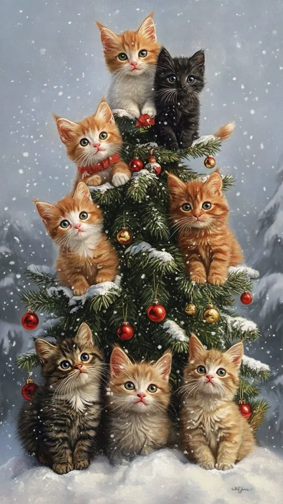 Here's a description of the image:

A charming Christmas illustration features seven adorable kittens nestled around a snow-dusted Christmas tree.  Three orange tabby kittens are perched on the branches, with a black kitten positioned at the top.  At the base of the tree, a grey tabby and two more orange tabbies gaze upwards. Red and gold ornaments adorn the tree, which is surrounded by falling snow. The scene is idyllic and heartwarming, capturing a festive winter mood.