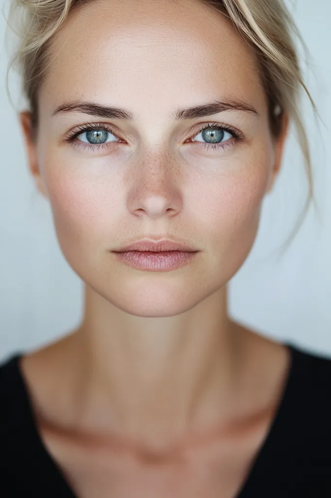 Here's a description of the image:

Close-up portrait of a young woman with fair skin and light blonde hair. Her hair is styled simply, pulled back from her face.  She has light, almost translucent skin with subtle freckles, and striking light blue or gray-blue eyes. Her expression is serious and direct, looking directly at the camera.  Her makeup is minimal, enhancing her natural features. She's wearing a simple, dark-colored V-neck top. The background is a blurred, light gray, keeping the focus solely on her face and upper body. The overall impression is one of natural beauty and serenity.