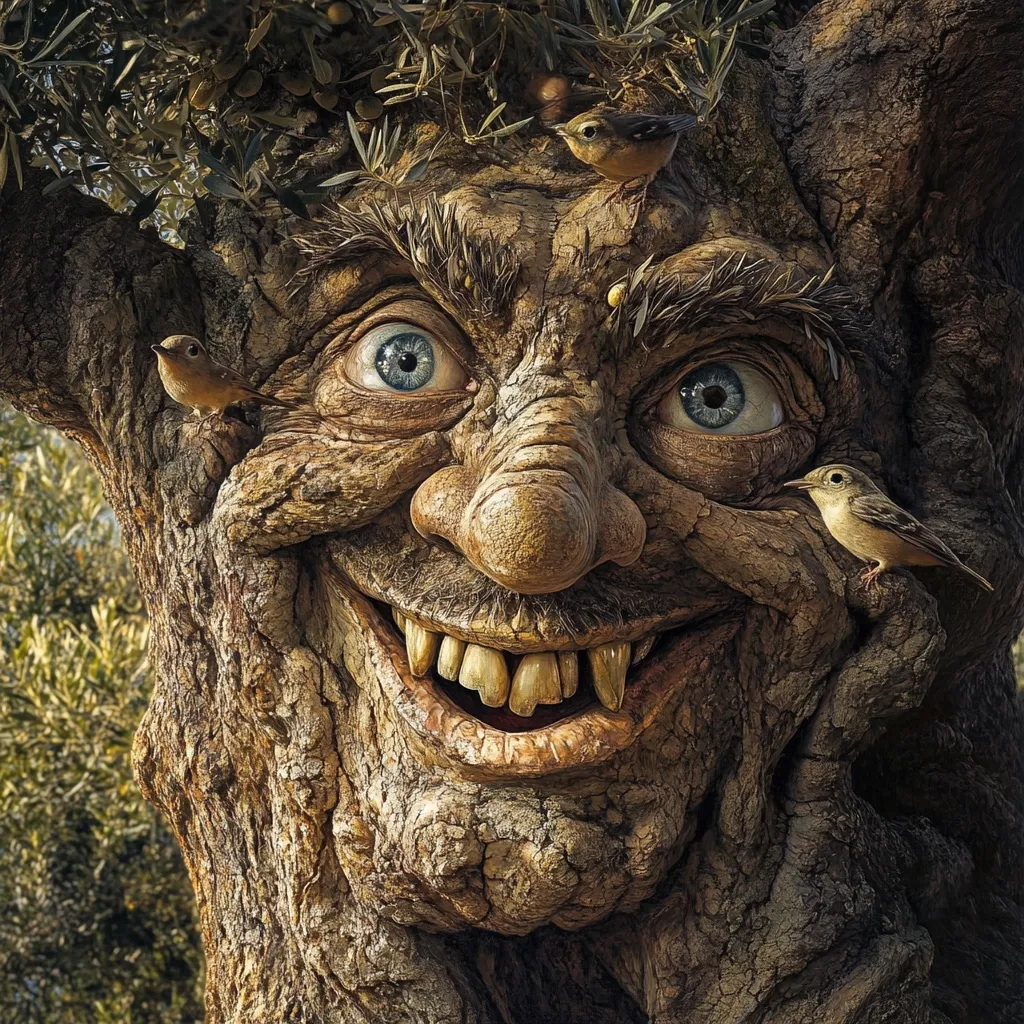 Here's a description of the image:

The image shows a close-up of a tree trunk intricately carved to resemble a whimsical, grotesque face.  The face is expressive, with wide, startling blue eyes, a large, bulbous nose, and a wide, toothy grin revealing uneven, slightly pointed teeth.  The texture is rough and bark-like, giving the impression of age and weathered wood.  Three small birds are perched on different parts of the face, seemingly integrated into the tree's design. The overall style evokes a blend of fantasy and nature, possibly depicting a tree spirit or guardian. The background is softly blurred, showcasing an olive tree grove.