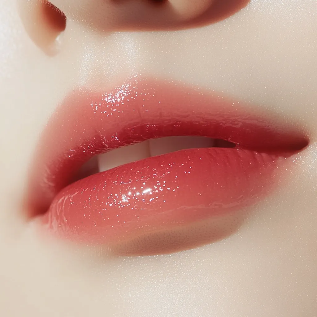 Close-up of a person's lips wearing glossy, coral-toned lipstick.  The lipstick has a subtle ombre effect, slightly darker in the center and fading to a lighter shade at the edges. The lips are full and appear smooth and hydrated. The skin surrounding the lips is pale and soft, with a gentle light reflecting off the surface.  The overall image is clean, bright, and focuses intensely on the lips and their makeup.