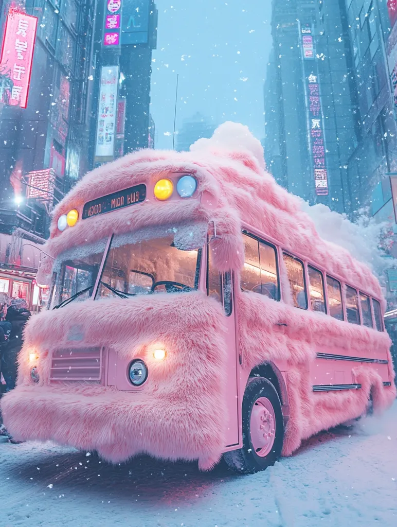 Here's a description of the image:

A whimsical pink school bus, completely covered in fluffy, long-pile pink fur, sits in a snowy city street.  The bus's headlights are visible through the fur, along with its windows. Snow lightly falls, blanketing the ground and the bus itself.  Neon signs in Chinese characters illuminate the buildings lining the street, creating a vibrant contrast against the pastel scene. The overall atmosphere is dreamy and surreal, a juxtaposition of urban grit and fantastical cuteness.