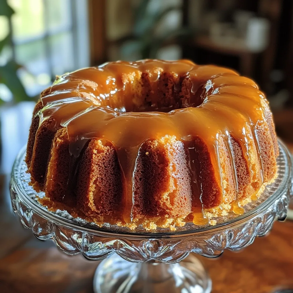 A delicious-looking bundt cake, golden brown and glistening with a rich caramel glaze, sits on a glass cake stand. The cake's texture appears moist and tender, with a slightly crumbly edge.  The caramel flows generously down the sides, creating a visually appealing contrast against the cake's warm tones. The background is blurred, drawing focus to the delectable dessert.  The overall impression is one of warmth, sweetness, and homemade goodness.