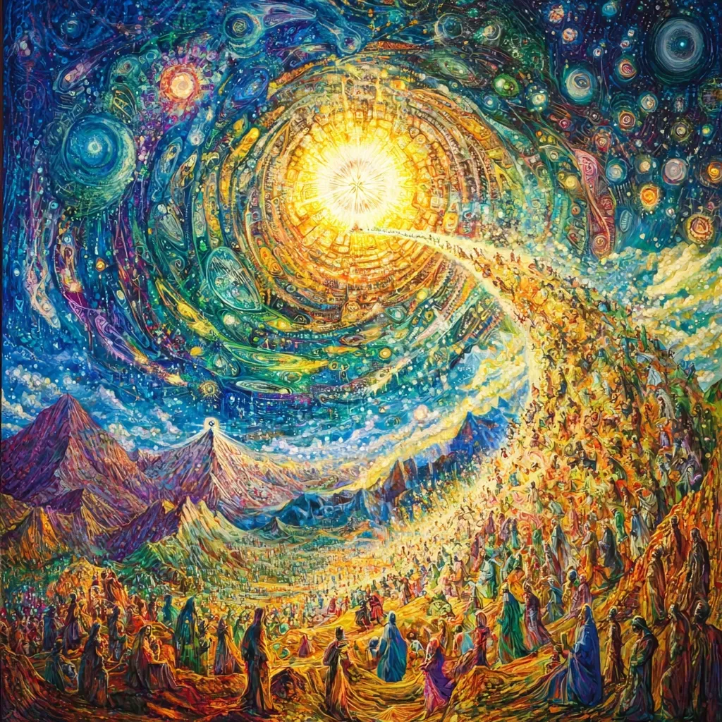 A vibrant, swirling celestial scene dominates the upper half of the painting, radiating intense light from its center.  Below, a multitude of figures, seemingly ascending a path towards this radiant source, forms a river of humanity.  The lower half depicts a mountainous landscape populated by these figures, creating a powerful visual narrative of ascension, perhaps religious or spiritual in nature.  The overall style is highly detailed and expressive, employing a rich palette of blues, golds, and oranges.