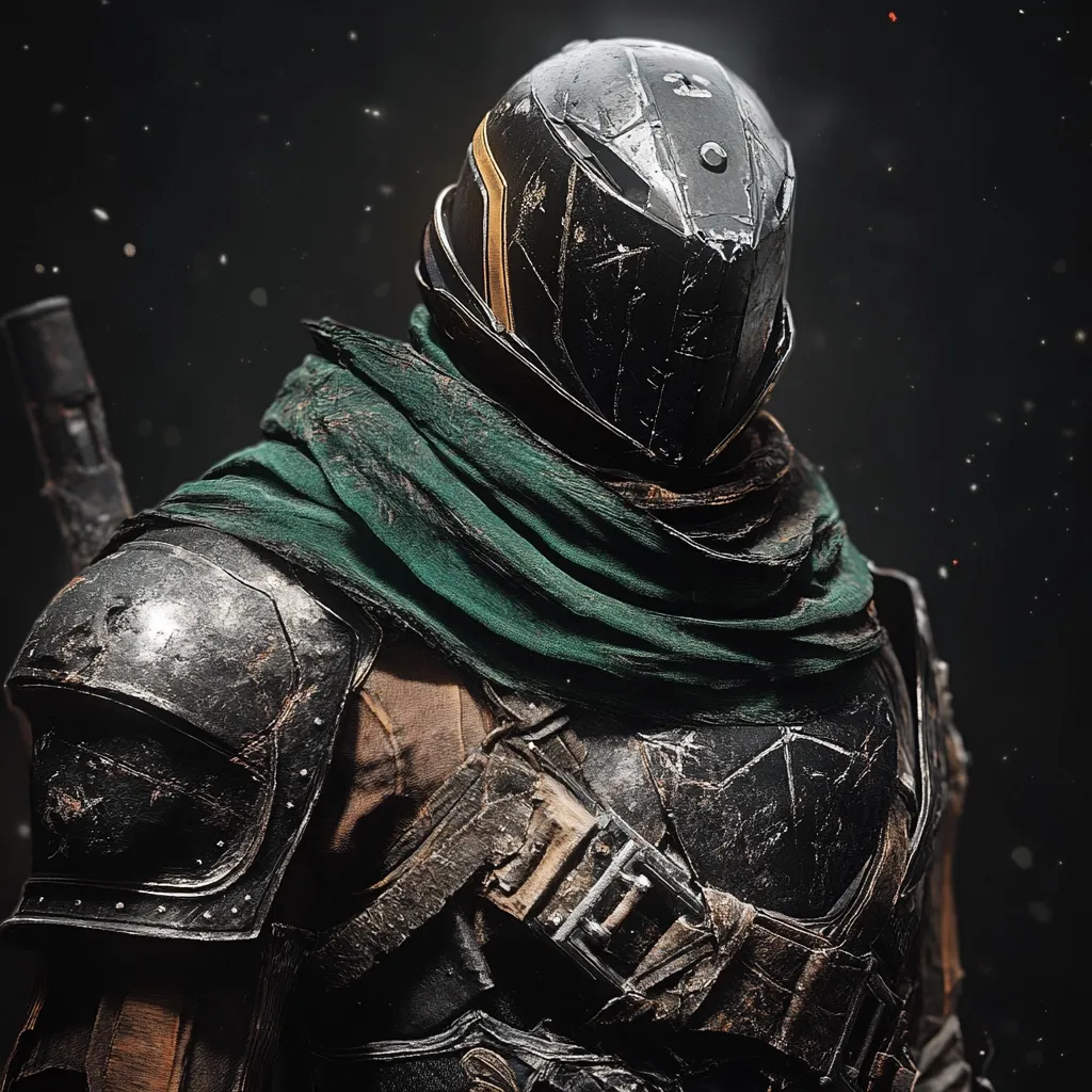 A close-up depicts a weathered warrior, cloaked in dark, battle-worn armor.  The helmet, a dark metal with hints of gold, is the focal point, partially obscuring the face.  A dark green cloth drapes around the neck and shoulders, contrasting with the aged metal. The armor shows signs of significant wear and tear, hinting at many battles fought.  A sword is partially visible, adding to the warrior's imposing presence against a dark, almost smoky background. The overall aesthetic is one of grim determination and seasoned combat.