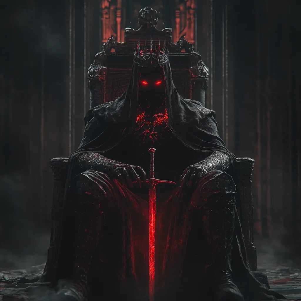 A dark, ominous figure, cloaked and crowned, sits upon a throne in a shadowy, gothic setting.  The figure's face is obscured, but glowing red eyes and a fiery, inner glow are visible beneath the hood. A crimson sword rests between their hands. The overall mood is one of dark fantasy and power, evoking a sense of malevolence and dread. The image's contrast between dark and light, and the use of red, intensifies the dramatic effect.