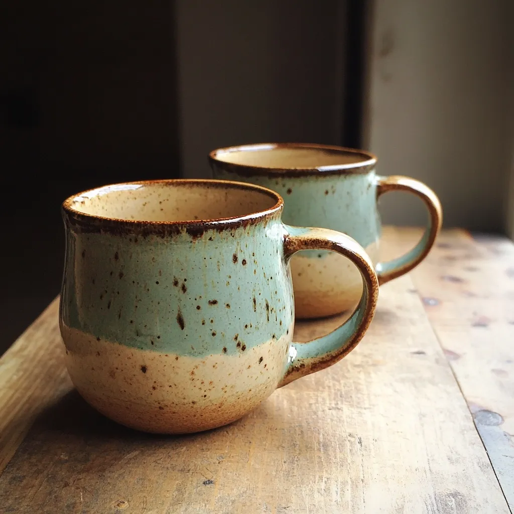 Two rustic, handmade mugs sit on a wooden table.  They are crafted from stoneware, with a speckled, two-toned glaze in shades of pale teal and beige, accented by a dark brown rim. The mugs have a rounded, slightly bulbous shape and comfortable handles.  The overall aesthetic is charmingly imperfect, reflecting the handcrafted nature of the pottery.  The background is blurred, drawing focus to the mugs themselves.
