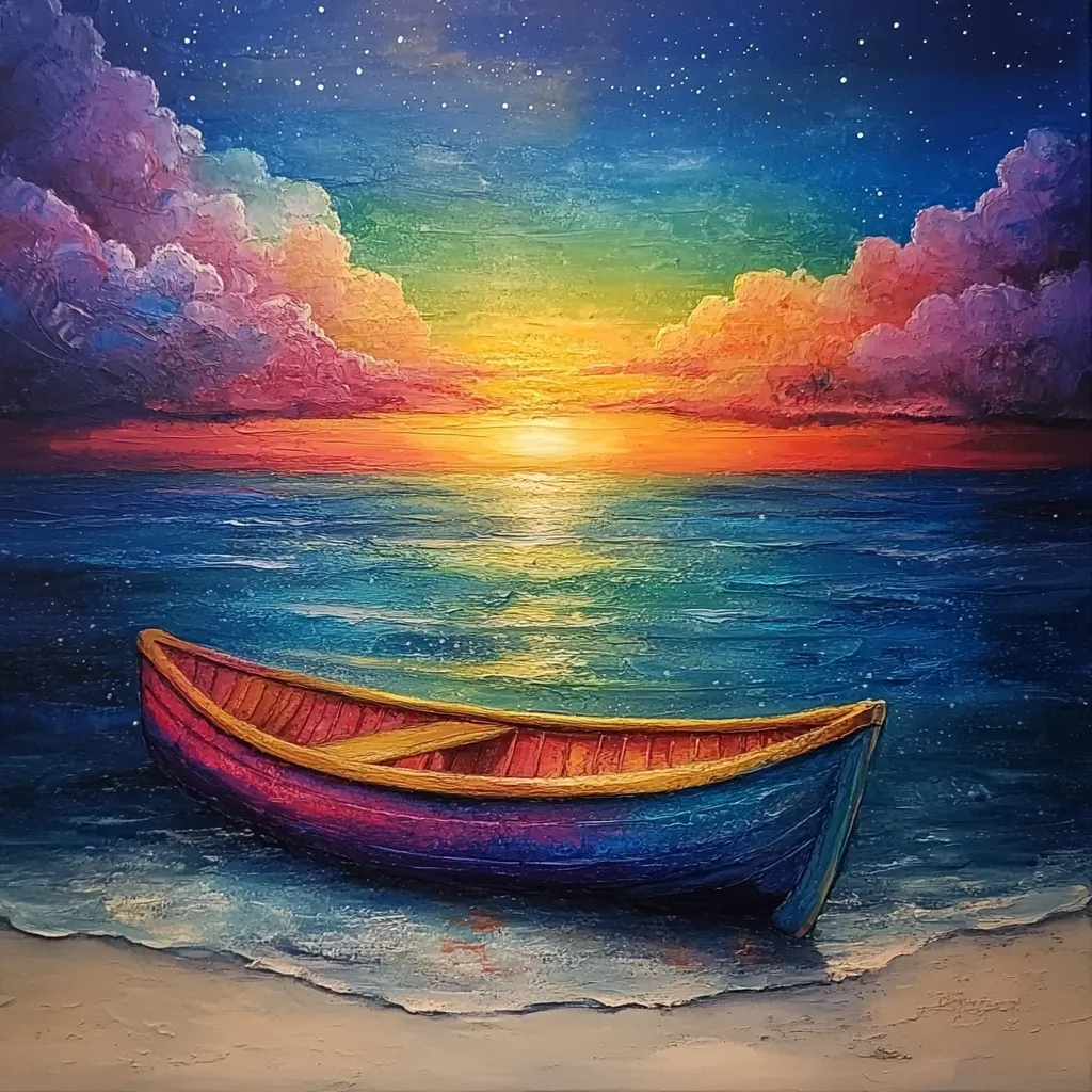 A vibrant oil painting depicts a small, colorful rowboat resting on a sandy beach at sunset. The boat, predominantly blue and red, is positioned against a backdrop of a breathtaking, multicolored sky filled with vibrant clouds and a starlit night.  The water reflects the intense hues of the sunset, creating a tranquil and dreamlike atmosphere. The artist's impasto technique adds texture and depth to the scene, making the colors and details pop.  The overall feeling is one of serene beauty and peaceful solitude.