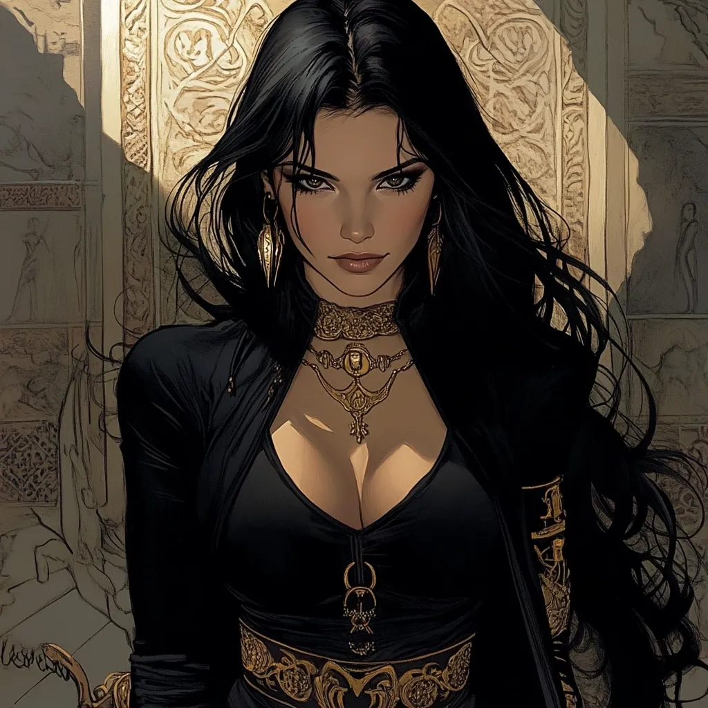 Here's a description of the image:

The illustration depicts a captivating woman with long, flowing black hair.  She’s elegantly dressed in a low-cut black top and ornate gold jewelry—a choker, elaborate necklaces, and a wide belt—that accentuate her beauty. Her dark eyes are striking, and her expression is both confident and alluring. The background suggests an ancient, possibly Middle Eastern or Arabian, architectural setting, with carved stonework visible.  The overall style is richly detailed and fantastical, hinting at a story or character from a fictional world.