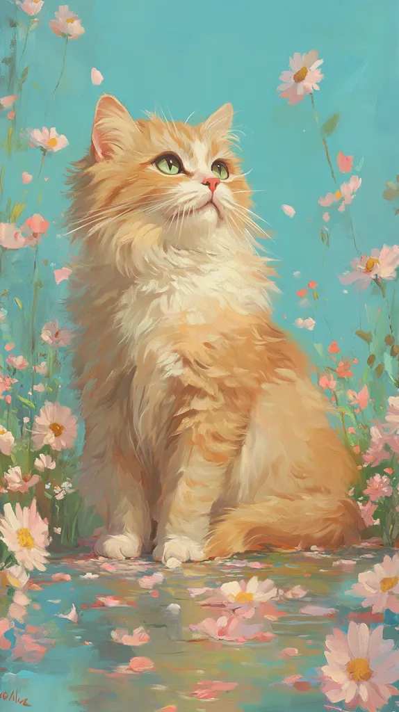 Here's a description of the image:

A painting depicts a fluffy orange and white cat sitting amidst a field of delicate pink flowers against a serene turquoise backdrop.  The cat, with bright green eyes, gazes upward, its fur rendered with soft, painterly strokes.  Fallen petals scatter around its paws, creating a sense of gentle movement and tranquility. The overall style is whimsical and impressionistic, emphasizing a dreamy, peaceful atmosphere. The color palette is soft and harmonious, with muted pastels dominating the scene.