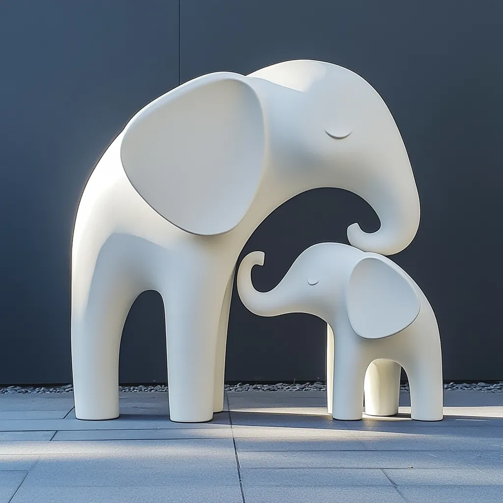 Here's a description of the image:

Two smooth, white elephant sculptures stand against a dark gray wall.  The larger elephant is positioned slightly behind and above a smaller one, creating a tender, protective pose.  Both elephants have simplified, almost cartoonish features, with rounded forms and gentle curves.  The sculptures are minimalist in style, focusing on clean lines and soft, untextured surfaces. They cast subtle shadows on the light gray stone pavement in front of them. The overall impression is one of serene calm and gentle affection.