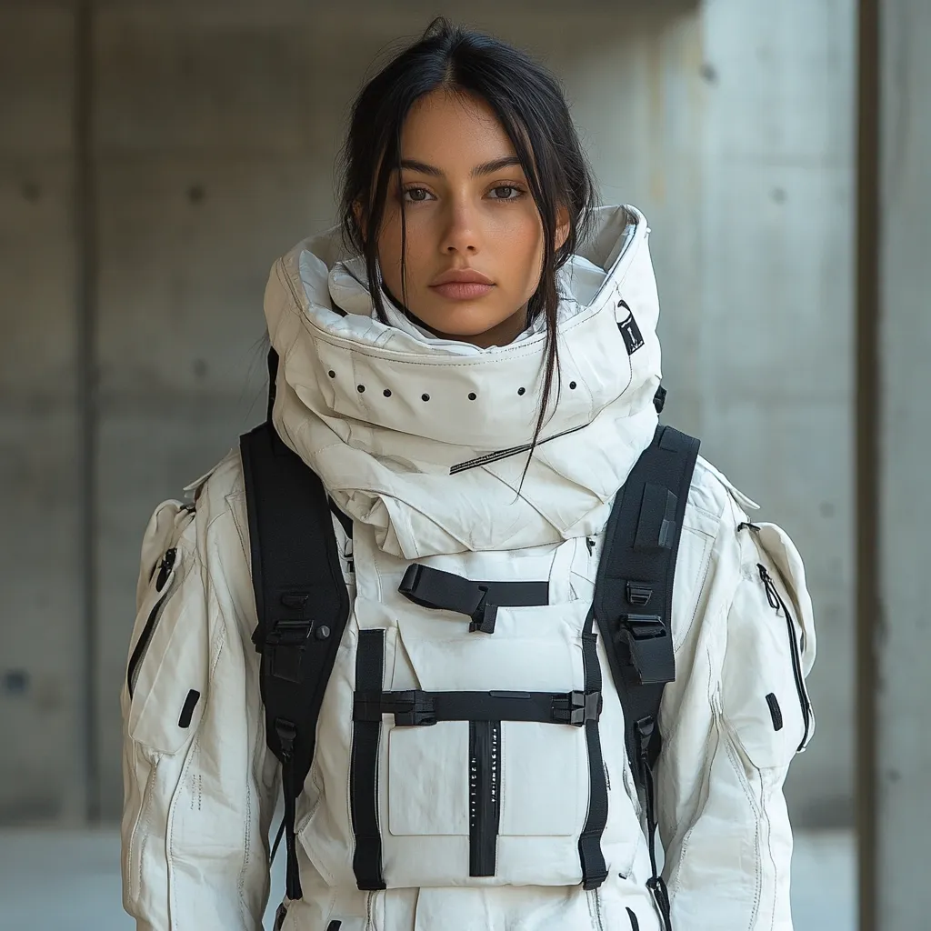 A young woman with dark hair pulled back, stares intently at the camera. She's wearing a futuristic, off-white jumpsuit with a large, protective hood and a black backpack with multiple compartments.  The ensemble suggests a blend of functionality and style, possibly for extreme environments or a science fiction setting. The background is a muted, industrial concrete structure, contrasting with the clean lines of her outfit.  Her expression is serious and composed.