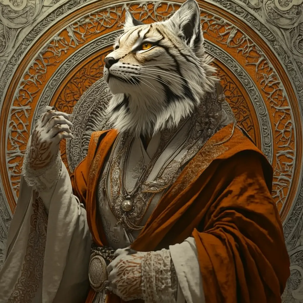 The image depicts a regal lynx, anthropomorphized and adorned in ornate clothing.  The lynx, with piercing yellow eyes, wears a flowing burnt-orange robe over a cream-colored undergarment embellished with intricate silver detailing.  Intricate gloves and a substantial jeweled belt complete the attire.  The background features a large, circular, intricately carved frame in shades of orange and gray, suggesting a powerful or sacred setting.  The overall aesthetic blends fantasy and regal elements.