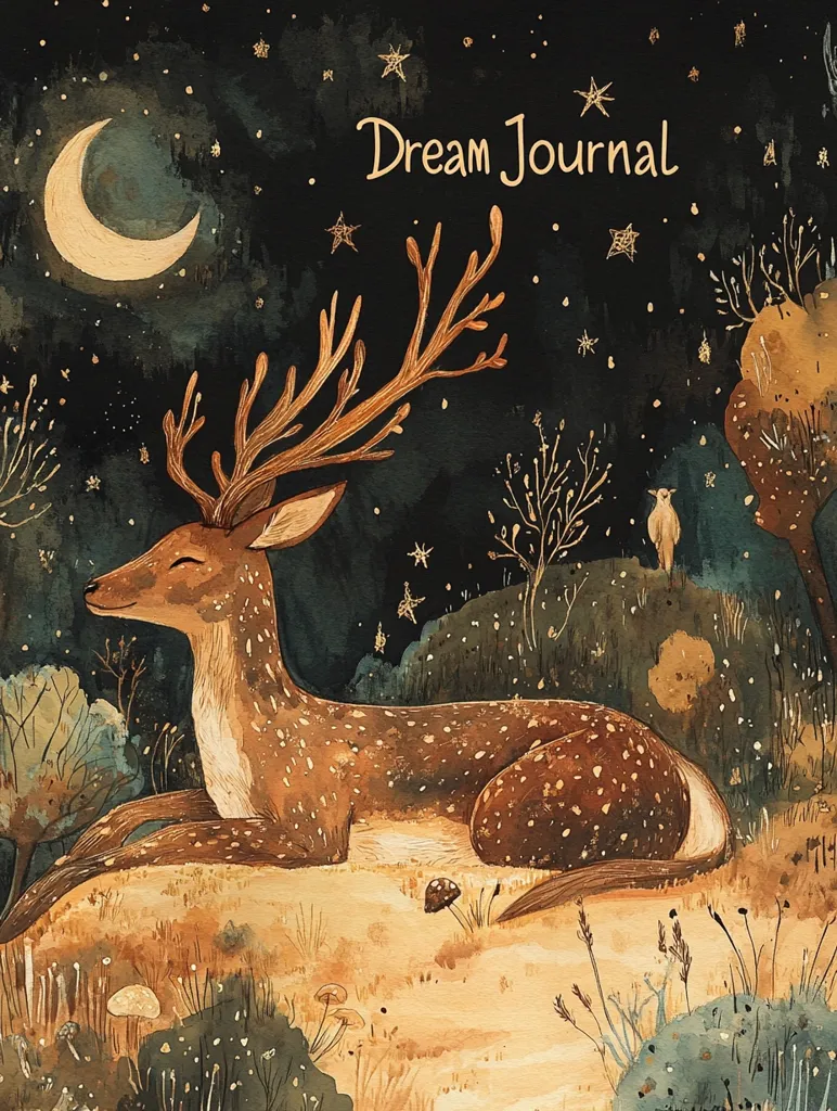 Here's a description of the image:

The watercolor painting is titled "Dream Journal." It depicts a serene scene of a spotted deer lying peacefully on a gently sloping hill under a night sky. The deer's antlers are prominent, and it appears relaxed, almost dreamlike.  A crescent moon hangs in the dark sky speckled with gold stars. Small, stylized plants and mushrooms dot the landscape, adding to the mystical, fairytale-like atmosphere.  In the distance, a small, light-colored bird or animal perches on a rocky outcrop.  The overall palette is warm, with earthy tones of brown, gold, and muted greens. The style is whimsical and evocative of fantasy.