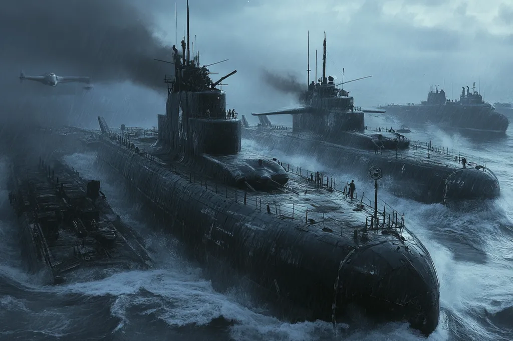 A dramatic scene unfolds on a stormy sea, showcasing a flotilla of large, dark submarines navigating tumultuous waves.  The lead submarine is prominently featured, its weathered hull and numerous deck personnel visible.  Behind it, more submarines, and a smaller vessel,  suggest a fleet in motion.  A distant aircraft adds to the sense of scale and possible conflict.  The overall atmosphere is dark, moody, and suggestive of a wartime setting.